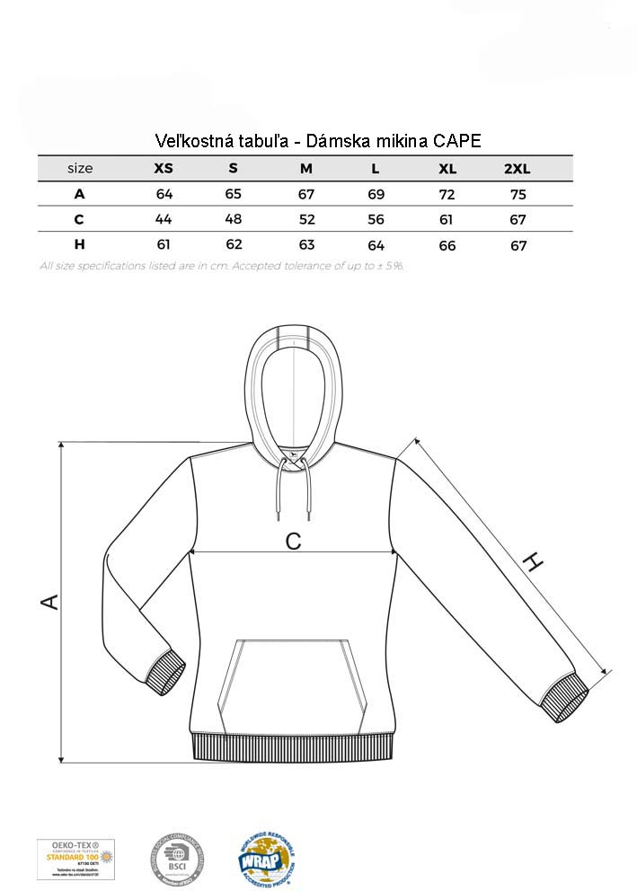 rozmery damska mikina cape